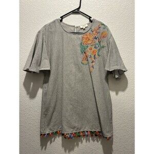 Umgee Dress Womens Small Grey Embroidered Boho Tassel Hem Peasant Tunic Floral